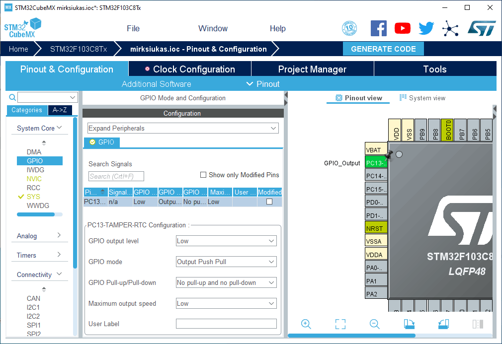 STM32cubemx tutorial starting first project