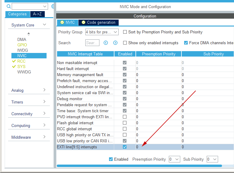 STM32cubemx nvic settings