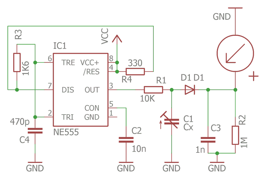 schematics of capacitive soil moisture sensor