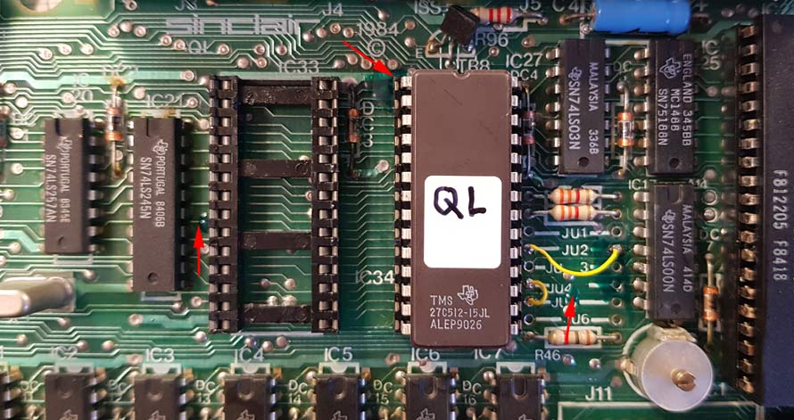 modified Sinclair QL PCB. Cut these traces for standard big EPROM