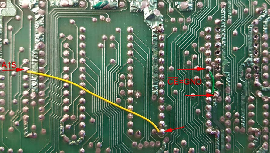 back side of Sinclair QL PCB with standard EPROM modifications